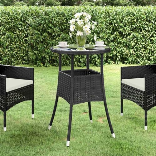Runheo Gartentisch Ø60x75 cm aus Poly Rattan mit gehärtetem Glasplatte und pulverbeschichtetem Stahlrahmen Schwarz, wetterfest für Terrasse, Balkon, Garten, Outdoor, Loungetisch und Veranda