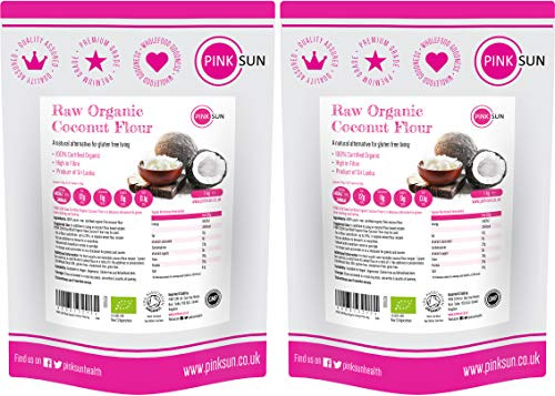 PINK SUN Raw Organic Coconut Flour 2kg (1kg x 2) Fine Gluten Free Ground Baking Flour Low Carb High Fibre Bread Making Unsweetened Vegetarian Vegan Non GM Bulk Buy
