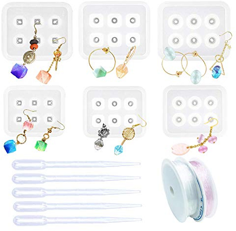 Woohome 6 Stück Schmuck Silikonform Gießform Resin Form Diamant Perlen Silikon Gießformen, 5 Stück Dropper und 2 Roll String für Edelstein Cabochon Schmuck Casting