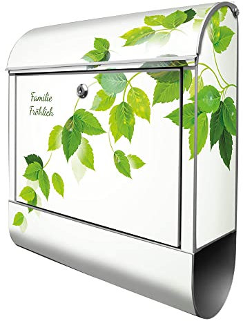 banjado Design Briefkasten personalisiert Motiv Ranke Gelb Weiß 38,5x46,5x13cm & 2 Schlüssel - Briefkasten Stahl Silber Zeitungsfach pulverbeschichtet - Postkasten A4 Einwurf inkl. Montagematerial
