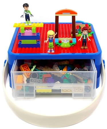 Bins & Things Lego-Compatible Storage Container with Compatible Building Baseplate Lid Toy Carrying Case with Handle - Lego Organizer, Brick Toy Storage