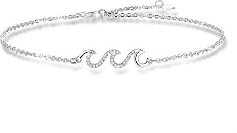 YZSFMZGE Ocean Beach Wave Anklet 925 Sterling Silver Anklet for Women Adjustable Cubic Zirconia Wave Ankle Large Bracelet Dainty Wave Jewelry Gift for Bitthday Daily