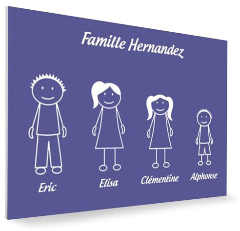 Plaque de maison Family personnalisée avec 4 membres pour boite aux lettres - Format 12x8 cm - Plaque Violette - Lettres blanches