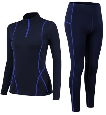 Fengzio Intimo Termico Donna Invernale, Maglia Termica Donno Funzionale Pantaloni e Maglie con Cerniera, Tuta Termice Donne Set per Sci Corsa Palestra-Blu,S