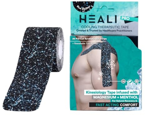 Heali Precut Kinesiology Tape Infused with Magnesium & Menthol - Roll - 20 Strips - 2 x 10 (5cm x 25cm) - Synthetic Silk, Latex Free, Strong Adhesive to Last 4-7 Days -Splatter Paint Design