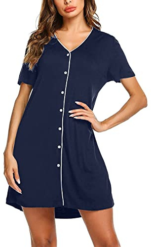 OCCIENTEC Nachthemd Damen V-Ausschnitt Nachtkleid Nachtwäsche mit Knöpfe Sommer Umstandsnachthemd Kurzärmeliges Stillenpyjama für Damen(Blau,M)