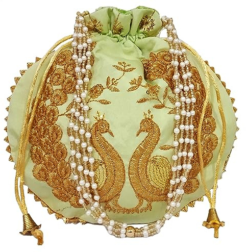 Purpledip Silk Potli Bag (pochette, borsa con coulisse): intricato filo d'oro e paillettes ricamo pavone borsa per le donne, verde lime (11474C), Verde lime, Large