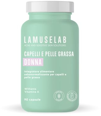 LAMUSELAB Integratore Capelli e Pelle Grassa Donna Con Estratti Vegetali Vitamine e Minerali, per il Benessere dei Capelli, Antiossidante per la cura della Pelle, Senza Glutine, 90 Capsule