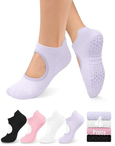 yeuG Grip Pilates strumpor för kvinnor yoga strumpor med handtag öppen topp halkfria greppstrumpor för barre, balett, barfota träning, A01-svart/ljuslila/rosa/vit, S-M