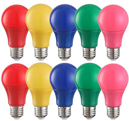 HUAMu E27 A60 Farbige LED Leuchtmittel Birnenform 3W 25Watt für Außen & Innen, Rot, Gelb, Blau, Grün, Rosa,10er Set