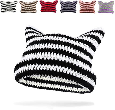 GLGHMH Damen-Beanie-Mütze mit Katzenohren, gestreift, Winter, warm, elastisch, passende Strickmütze für Kinder, Mädchen, Erwachsene, schwarz-weiß, L