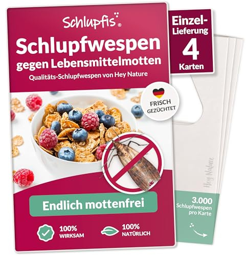 Hey Nature Schlupfwespen gegen Lebensmittelmotten - 4 Karten Einzelkauf | Effektiv & natürlich Lebensmittel Motten bekämpfen | 3.000 Nützlinge pro Karte | Zucht & Beratung aus Deutschland