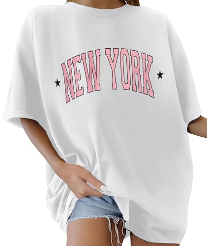 Lonya T Shirt Femme Oversize Col Rond Grande Taille Tops Été Manches Courtes Vintage New York Imprimé De Lettres Y2K Casual Loose Tee Shirt Long Coton Sport Tops,A-Blanc,L
