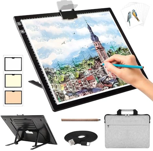Zocelight Bloc lumineux A3 rechargeable pour peinture diamant avec étui rembourré, tableau lumineux avec support, 3 couleurs à intensité variable et 6 niveaux de luminosité pour le traçage, le dessin,