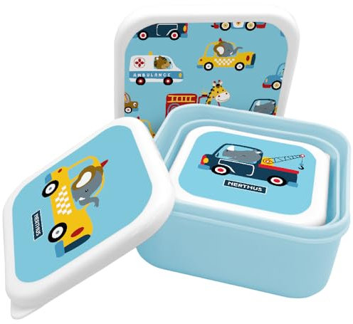 NERTHUS FIH 1330 Boîtes alimentaires empilables pour enfants, ensemble de 3 contenants pour enfants sans BPA, Voitures