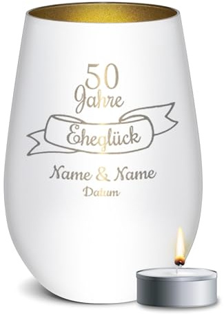 Print Royal PR Weißes Windlicht mit Gravur zur Goldenen Hochzeit - 50 Jahre Eheglück - mit Namen & Datum - Hochzeit Geschenke Goldene Hochzeit | inkl. Teelicht, 450 ml, Innen Gold