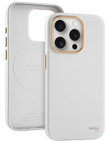 EasyAcc für iPhone 15 Pro Hülle Leder, kompatibel mit MagSafe, Stoßfest, Schutzhülle, Vergilbungsschutz, Kratzfest Rückseite, Metallknöpfe, luxuriöse Handyhülle für iPhone 15 Pro Case, Weiß