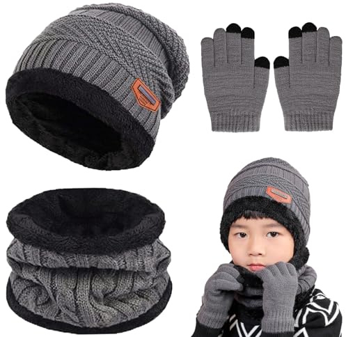 Niños Set de Bufanda Gorro y Guantes,niños Gorro Bufanda Guantes,guantes de bufanda y gorro Niños, Gorro Pompón Traje de Abrigo 3 en 1, Bufanda y Guantes Gorro para Niños, para Unisex Bebé 5-10 Años