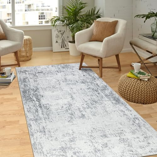 Capslpad Grau Abstrakt Teppich Wohnzimmer 80x150cm rutschfest Kurzflor Kunstwolle Schlafzimmer Teppich Waschbar Minimalistisch Bettvorleger Teppiche für Wohnzimmer Schlafzimmer Büro Bereich Dekor