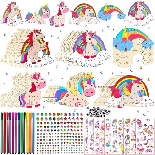 FZYESNO Einhorn Bastelset, Holz - Kinder - 24 Teile, 6 Verschiedene Formen, Geschenk für Mädchen/Jungen