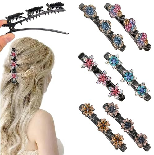 6 Stück Doppelschicht Haarspangen - Haarspange mit funkelnden Kristallsteinen - Kristallblumen-Haarnadel - Elegante Haarstyling-Clips - Geflochtene Strass-Haarspangen für Damen und Mädchen