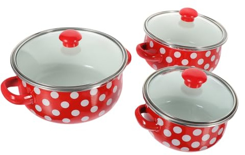SECFOU Enamel Mini Soup Pot Set 3pcs Red with White Dots Double Handle Small Cooking Pots Flat Bottom Enamel Cookware Portable Kitchenware for Home and Travel
