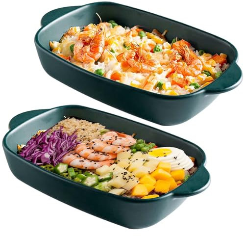 Set di 2 pirofili in ceramica, per lasagna con manico, 23,5 x 13 cm, in ceramica, colorati, smaltati, rettangolari, per forno, lasagne, casseruola, cibo (verde scuro)