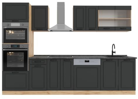 Vicco Küchenzeile R-Line, Anthrazit Landhaus/Goldkraft Eiche, 300 cm | 8 Module · Höhenverstellbare Füße · Ohne Arbeitsplatte · MDF-Fronten · Mit Backofen-/Mikrowellenschrank