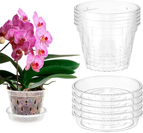 GUIJZSLTRG 5 Pack Orchid Pots Clear 4/5/6 Inch Plastic Flower Plant Pots with Holes and Saucers House, Nursery Pot for Orchid Repotting Kit, Seed Seedling Pot Breathable for Root Growing (4 inch)