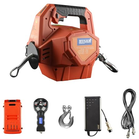Husar Winch Treuil électrique à batterie portable avec Télécommande sans fil 24 V, 453 kg | 1000 lbs – Treuil avec corde synthétique de 12 m de long, portable pour industrie, remorqueur, remorque