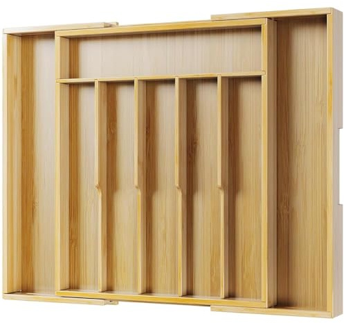 Kitsure Besteckkasten für Schubladen - Schubladen Organizer Küche mit 8 Fächern, stabiler Besteckkasten aus Bambus als vielseitiger Raumsparendes Organisationsset 39,3 x 4,8 x 31,6-51,3 cm