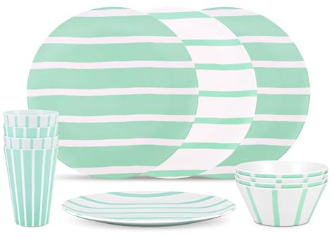 Thurlestone 12 Pcs Durable Camping/Picnic Dinner Set, Green Striped 4 Pack of Plates, Bowls, Tumblers, BPA Free, Recycled and Recyclable Material