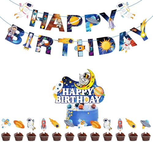 Kiyanest Décoration d’Anniversaire à Thème Espace – Kit avec Bannière, Cake Topper & Toppers Cupcakes – Parfait pour Enfants et Adultes