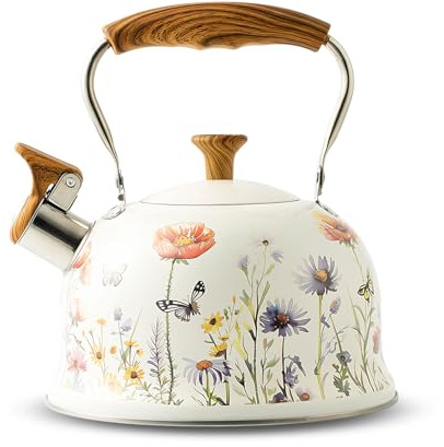 Stove Top Kettle, 3L Stainless Steel Whistling Kettle for Gas Stove, Induction Kettle with Anti-Hot Handle, Flower Pattern, Camping Kettle for Tea and Coffee (White and Purple)