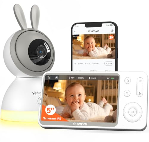 YESIMOM Baby Monitor, Versione Aggiornata 2K Telecamera Bambini con Monitor 5'' IPS Schermo, Controllo Tramite APP Mobile & Monitor, 360°PTZ, 3000mAh Batteria Ricaricabile, AI Intelligente