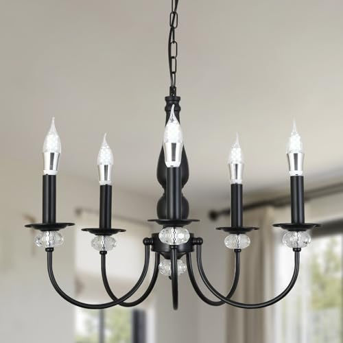 Kronleuchter Schwarz, 5 Flammig Rustikale Kronleuchter Vintage Pendelleuchte Wohnzimmer, Antik Deckenlampe Schlafzimmer Hängend mit E14 Fassung, Einstellbare Höhe Klassischer Lüster für Esstisch Flur
