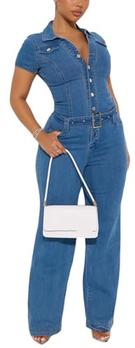 cffdviz Mono Corto Sexy De Mezclilla Para Mujer Con Mangas Cortas Ajuste Slim Botón Delantero Y Cinturón,Azul,XL