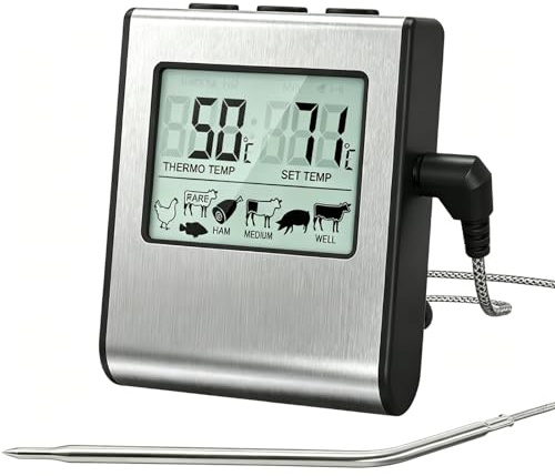 VOBOR Digital kökstermometer med sond och timer, stor LCD-skärm, temperatursond för matlagning BBQ mat kött ugn rostad grill