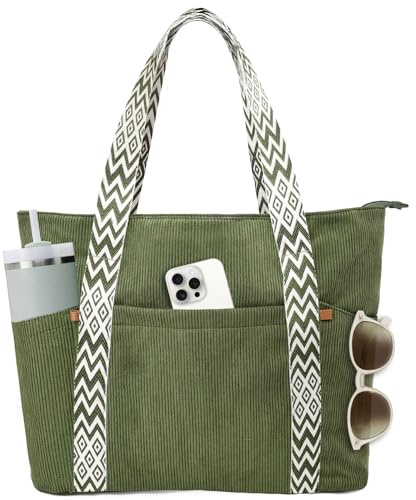 Cord Strandtasche xxl Familie 18 L mit Reißverschluss, Groß Tote Bag Damen, Shopper Tasche Badetasche, Laptoptasche mit 17 Zoll Laptopfach, Reisetasche Handtasche Umhängetasche Arbeitstasche (Grün)