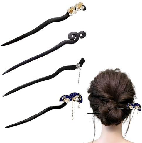 MNYXIS 4 Pcs Pic a Cheveux Femme, Baguette Cheveux Chinois, Bois Vintage Pic a Cheveux Chinoise et Épingles à Cheveux Fleur Papillon, Décoration en Perles Convient Aux Femmes Filles Aux Cheveux Long
