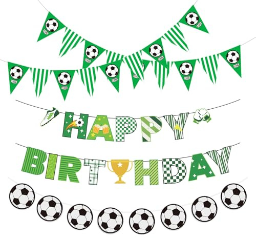 Ovanda Fußball Deko Banner mit Fußball Girlande für Kindergeburtstag | Aus Papier mit Wimpelkette, Happy Birthday Banner und Fußballgirlande; für Sportparty, Vereinsfeier und Fotohintergrund.