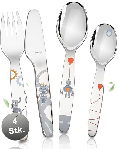 RÖSLE Kinderbesteck Kleiner Roboter – 4-teiliges Kinderbesteck ab 3 Jahre aus Edelstahl 18/10 – Spülmaschinengeeignet, Tolles Taufgeschenk für Mädchen und Jungen
