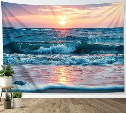 IcosaMro Ocean Tapestry Wall Hanging, Sea Beach Wave Sun Cloud Landscape Scenery Nature Wall Art [Double-Folded Hems] Bohemian Home Decor for Bedroom, Dorm, College, Living Room, 60x82.7, Blue