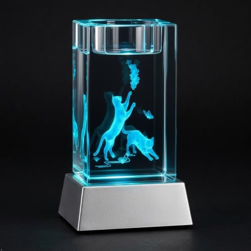 Kaltner Präsente LED Kristallglas Katze, 3D Lasergravur, Stimmungslicht mit LED-Untersetzer, Glasquader 8 x 5 x 5 cm, Geschenk für Katzenliebhaber, Geburtstag & Weihnachten