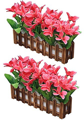 Flikool 2pcs Künstliche Blumen mit Holzzaun Dekorativ Seidenblume Orchideen Blumengestecke Künstliche Pflanze im Topf Kunstblumen Lilien Kunstpflanzen Bonsai für Balkon Zuhause Büro Deko - Rose