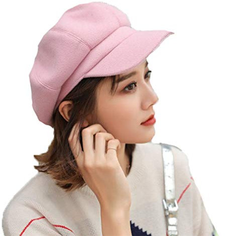 TMEOG Schirmmütze Barett Maler Mütze Damen mit Visor, warme Zeitungsjunge Mütze Baskenmütze Cabbie Chauffeurmütze Baskenmütze (Rosa)