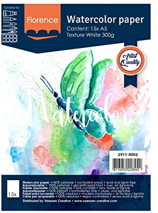 Vaessen Creative Florence Aquarellpapier, Quadratisch, Weiß, 300 g/m² Strukturiertes Papier, 5 Blatt für Aquarellmalerei, Handlettering und Brush Lettering, A5