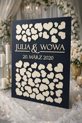 Manschin-Laserdesign Personalisiertes 3D Gästebuch mit 40-160 Herzen | aus echtem Holz | Gästebuch Alternative - (Hintergrundfarbe Anthrazit)