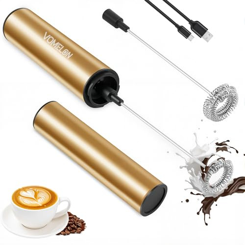 Rechargeable Electric Milk Frother Handheld,2-Speed Travel Frother with Tube Case, Milk Foamer Coffee Frother for Latte, Cappuccino, Drink Mixer with 2 Stainless Whisks and Charger Golden