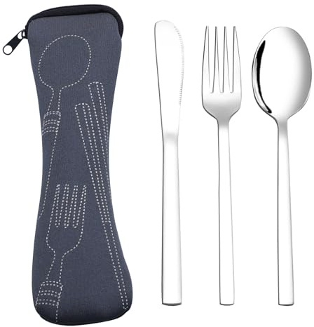 Fosly 3 Piece Stainless Steel Camping Cutlery Set, Travel Flatware with Case
